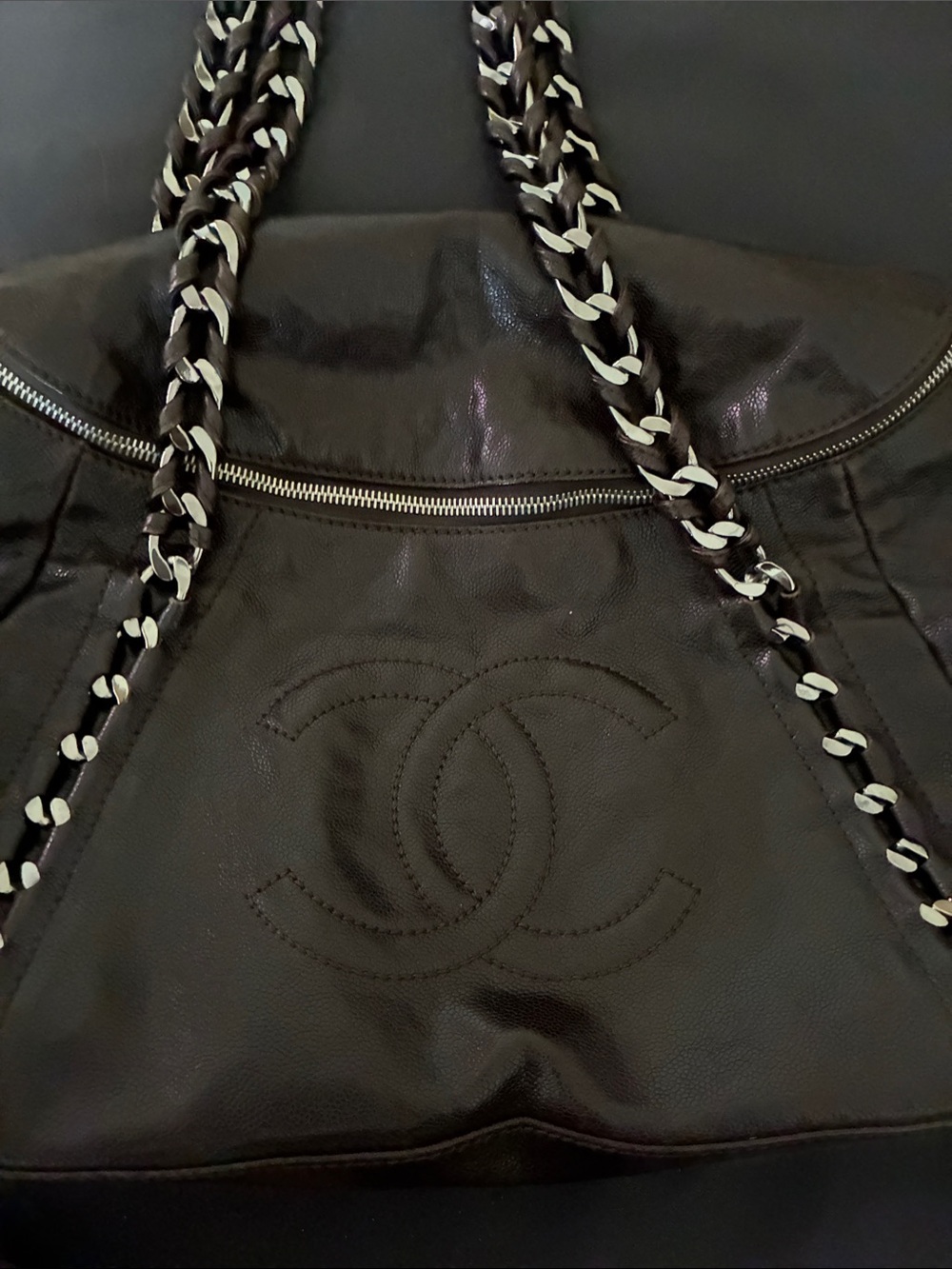 CHANEL Brown Leather Shoulder Bag with Chain-Strap Detail